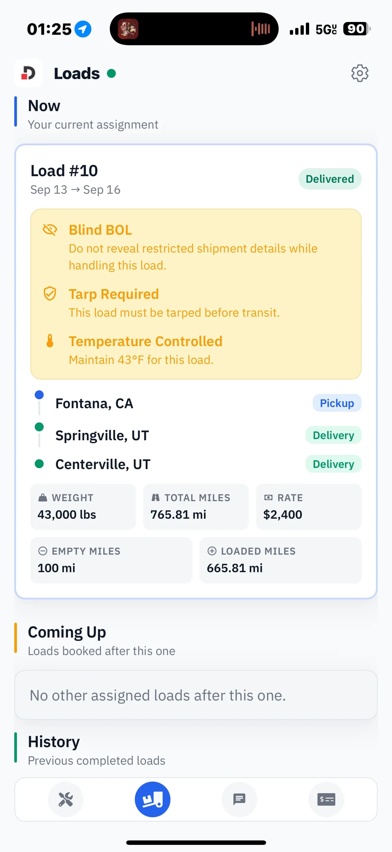 DENEMO driver mobile app showing the current load assignment — route, stops, miles, rate, and handling requirements